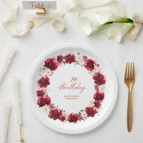 Red Pink Floral Personalized 19th Birthday Party Paper Plates