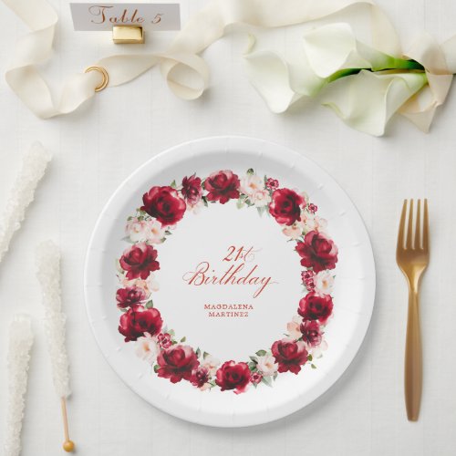 Red Pink Floral Personalized 21st Birthday Party Paper Plates