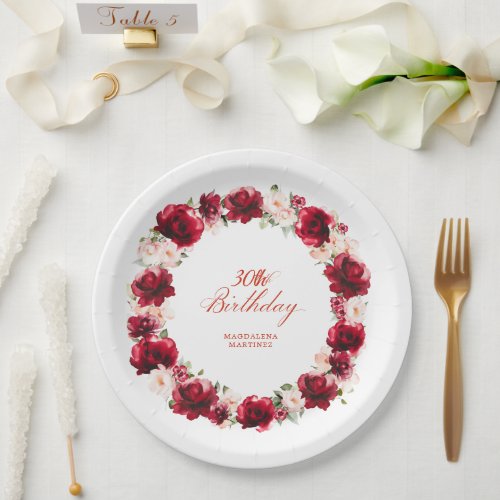 Red Pink Floral Personalized 30th Birthday Party Paper Plates