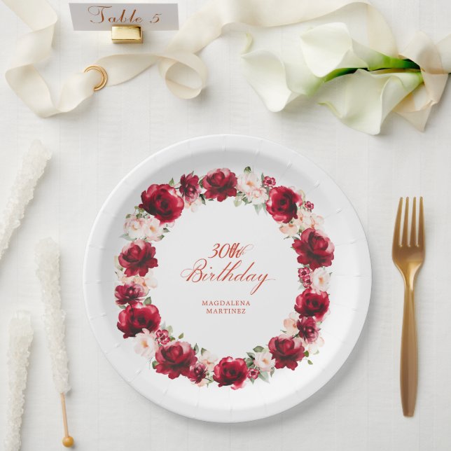 Red Pink Floral Personalized 30th Birthday Party Paper Plates (Wedding)