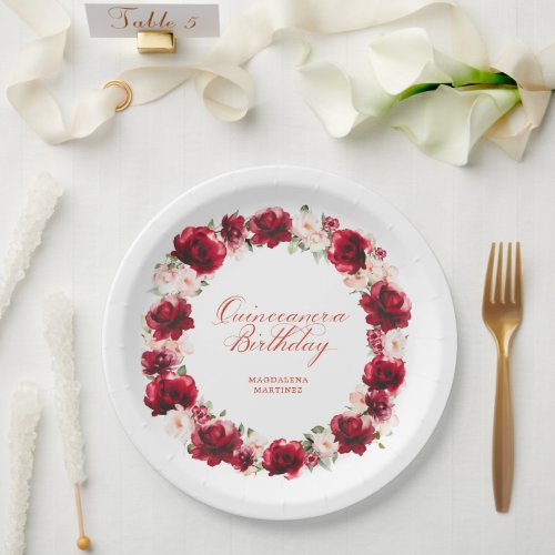 Red Pink Floral Personalized Quinceanera Birthday Paper Plates
