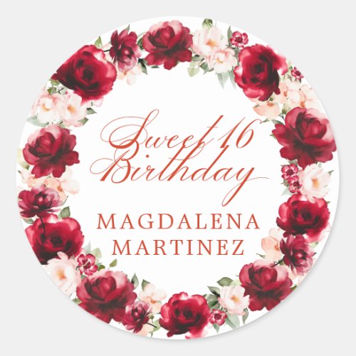 Red Pink Floral Personalized Sweet 16  Birthday Classic Round Sticker