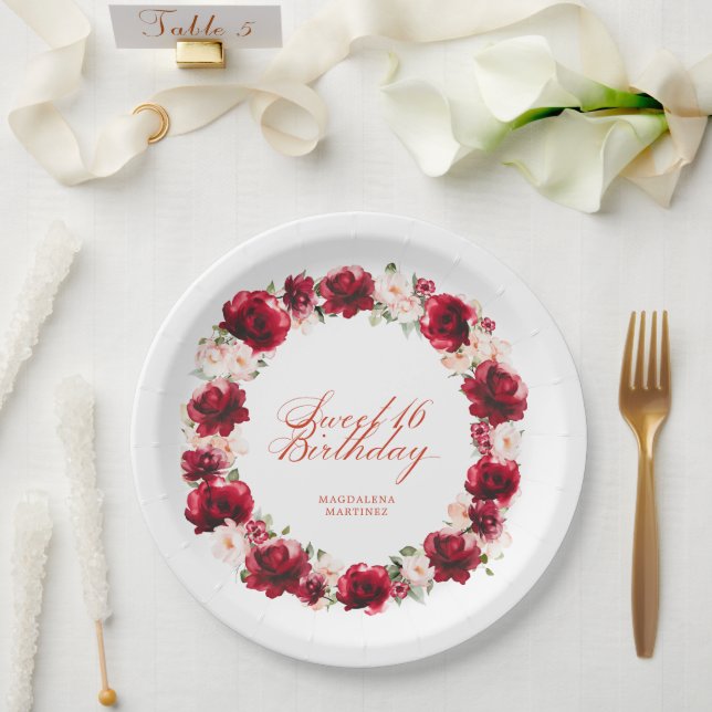 Red Pink Floral Personalized Sweet 16  Birthday Paper Plates (Wedding)