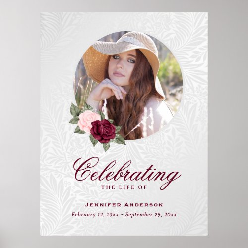 Red Pink Floral Photo Memorial Funeral Sign