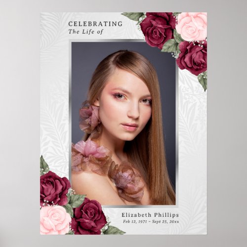 Red Pink Floral Photo Memorial Funeral Welcome Poster