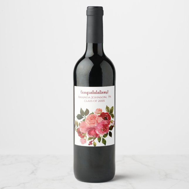 Red Pink Floral Rose Graduation Wine Label (Front)