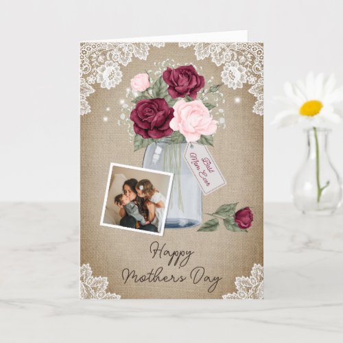 Red Pink Floral Rustic Photo Happy Mothers Day Card