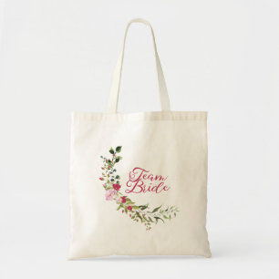 Red & Pink Floral Team Bride Quote with Leaves Tote Bag