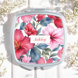 Red Pink Floral Watercolor compact mirror