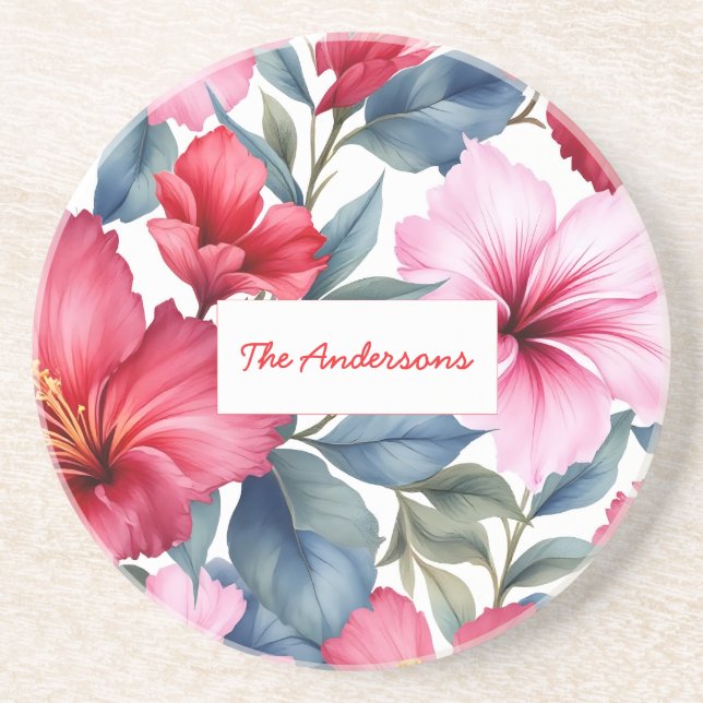 Red Pink Floral Watercolor Elegant Coaster (Front)