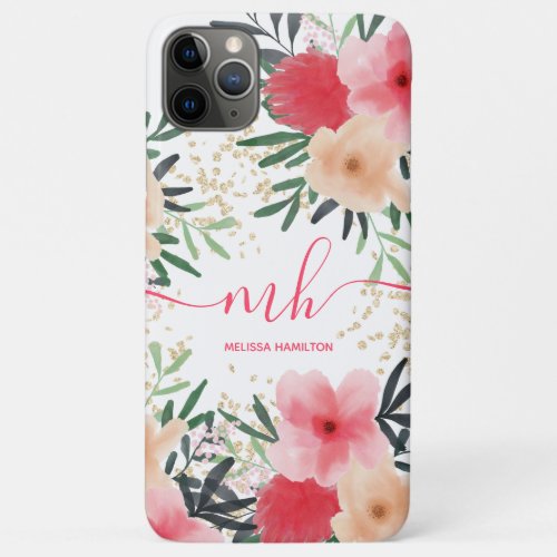 Red pink floral watercolor gold glitter monogram iPhone 11 pro max case