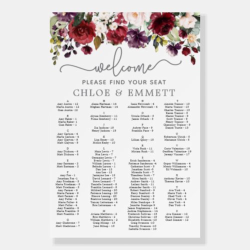 Red Pink Floral Wedding Seating Chart Foam Board
