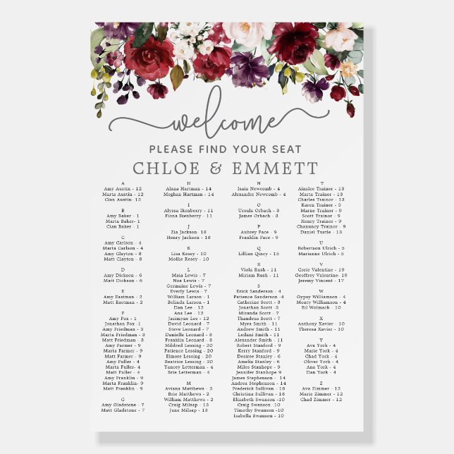 Red Pink Floral Wedding Seating Chart Foam Board (Front)