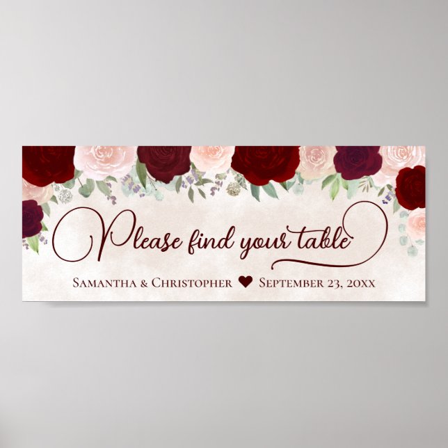 Red & Pink Floral Wedding Seating Chart Header (Front)