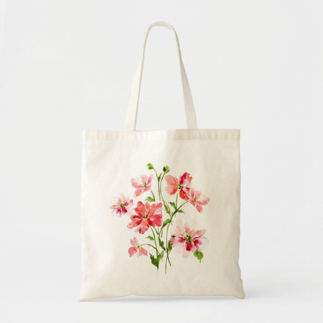 Red pink floral wild flower print tote bag (Front)