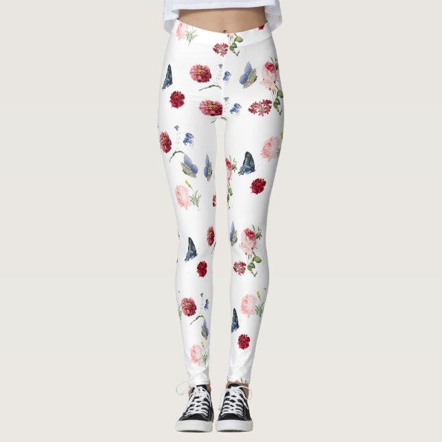 Red & pink Flower blue butterfly Floral pattern Leggings (Front)