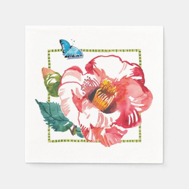 Red Pink Flower Camellia Blue Butterfly Napkins (Front)