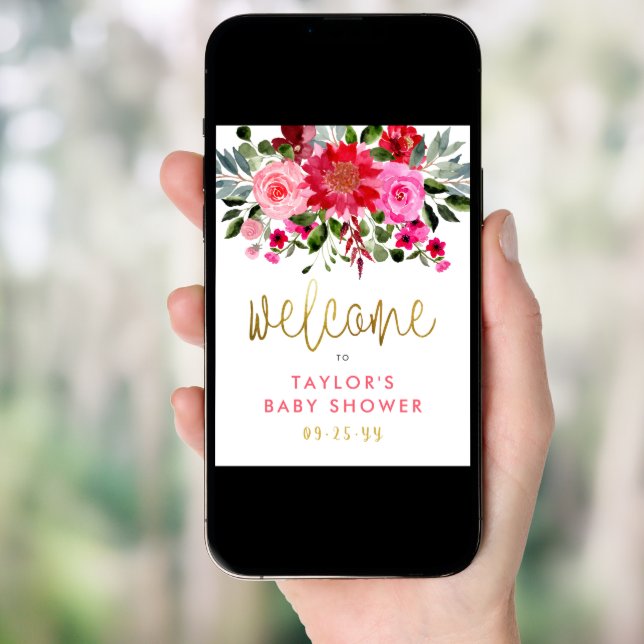 Red & Pink Flowers Baby Shower Welcome Sign (Front Digital)