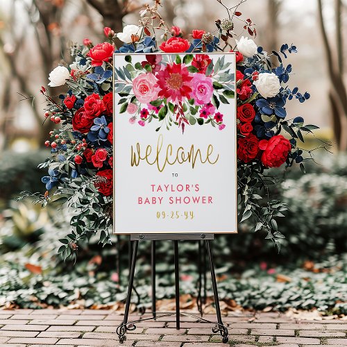 Red  Pink Flowers Baby Shower Welcome Sign