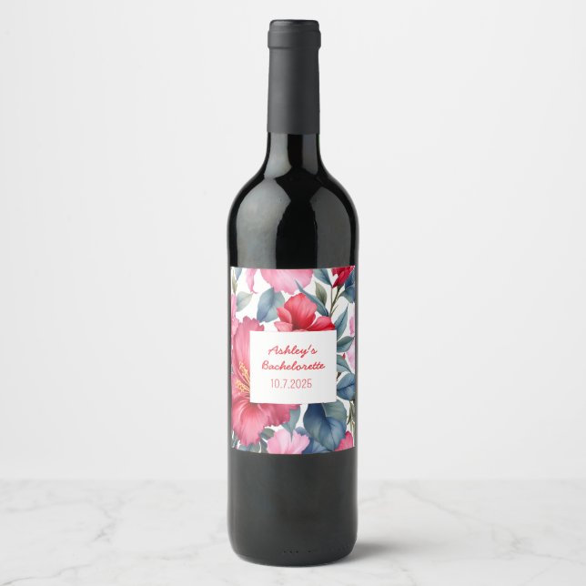 Red Pink Flowers Bachelorette Tropical   Wine Label (Front)