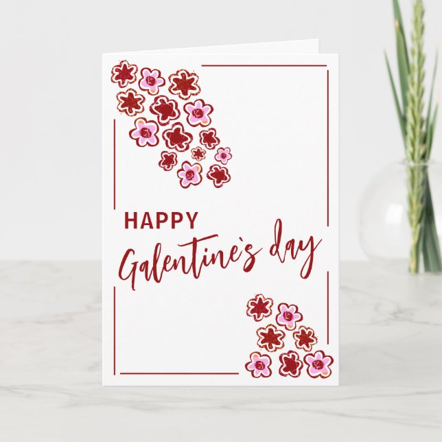 Red Pink Flowers Galentine`s Day Friends  Holiday Card (Front)