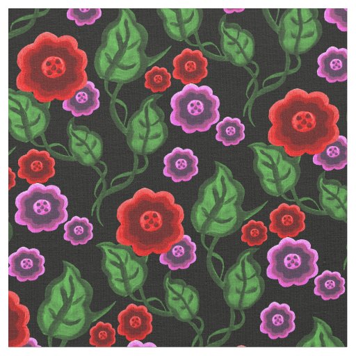 Red/pink flowers/green leaves/Folk  floral/black Fabric