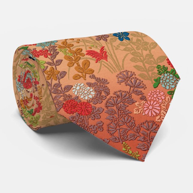 RED PINK FLOWERS,LEAVES ANTIQUE JAPANESE FLORAL NECK TIE (Rolled)