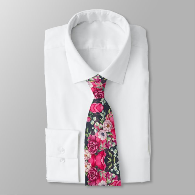 Red Pink Flowers Neck Tie (Tied)