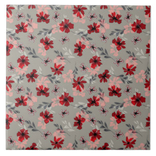 Red pink flowers on a gray background. ceramic tile