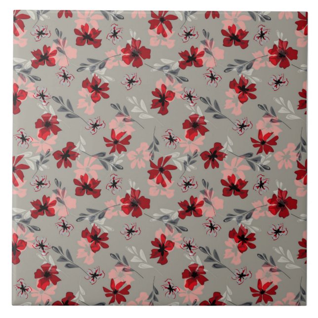 Red pink flowers on a gray background. ceramic tile (Front)