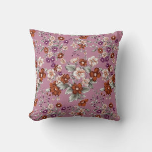 Red & Pink flowers on a Purple Pattern Throw Pillow