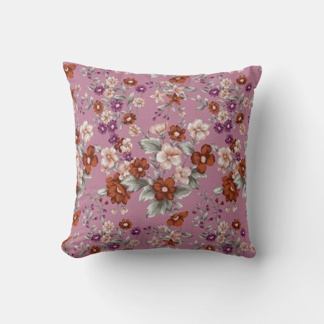 Red & Pink flowers on a Purple Pattern Throw Pillow (Front)