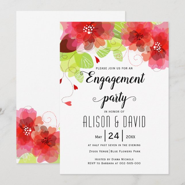 Red, pink flowers wedding engagemnet party invitation (Front/Back)
