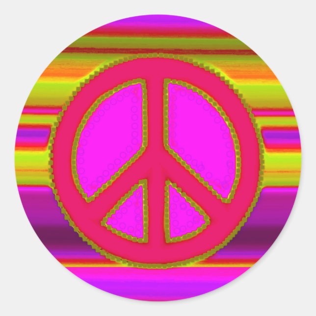 Red Pink Fractal & Peace Sign Classic Round Sticker (Front)