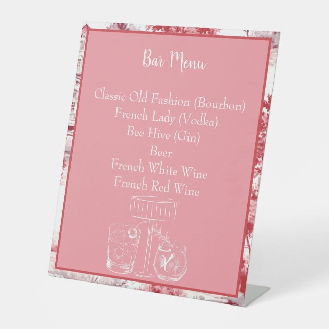 Red Pink French Toile Bar Menu Sign (Front)
