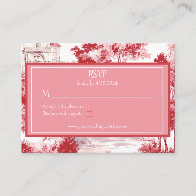 Red Pink French Toile RSVP Enclosure Card (Front)