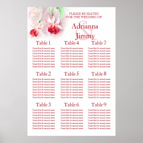 Red pink fuchsia Wedding Seating Table Planner 1_9 Poster