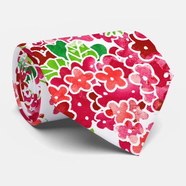 Red Pink Geranium Floral Pattern Neck Tie (Rolled)