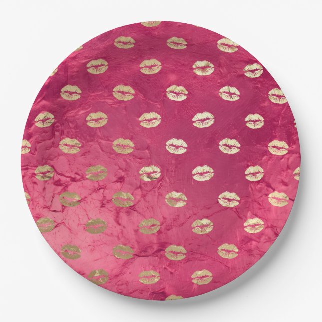 Red Pink Glam Gold Lips  Paper Plates (Front)