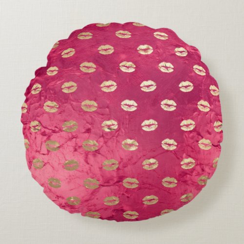 Red Pink Glam Gold Lips  Round Pillow