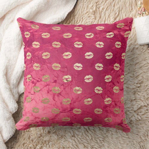Red Pink Glam Gold Lips  Throw Pillow