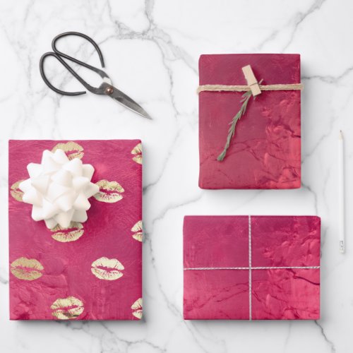 Red Pink Glam Gold Lips  Wrapping Paper Sheets