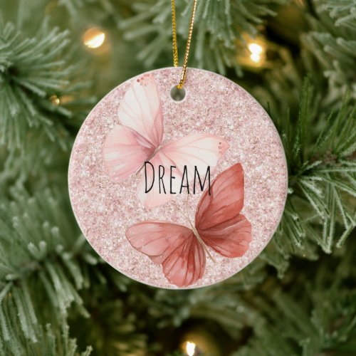 Red Pink Glitter Butterflies Christmas Ceramic Ornament