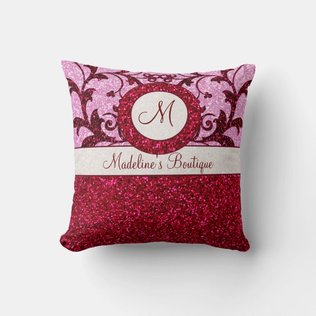 Red pink glitter customizable monogram pillow (Front)