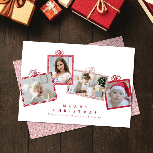 Red & Pink Glitter Photo Gift Boxes Christmas Holiday Card (Creator Uploaded)