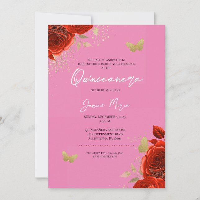 Red pink Gold Floral Butterfly Elegant Quinceañera Invitation (Front)