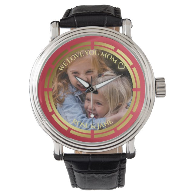 Red Pink Gold Frame Love Message Photo Template Watch (Front)
