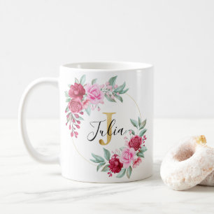 Red Pink Gold Watercolor Floral Monogram J Coffee Mug