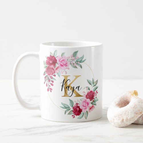 Red Pink Gold Watercolor Floral Monogram K Coffee Mug