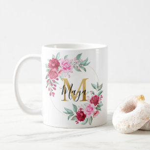 Red Pink Gold Watercolor Floral Monogram M Coffee Mug